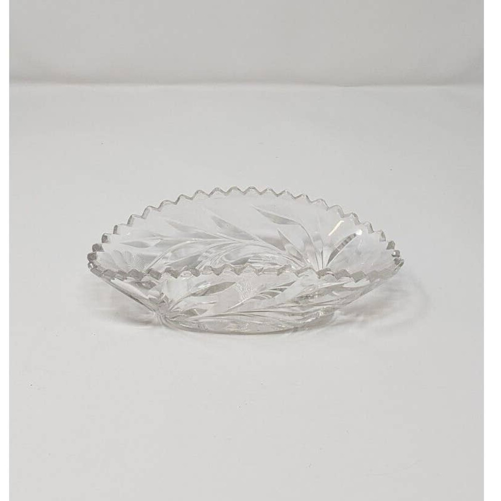 Vintage Sawtooth Cut Lead Crystal Oval Relish Dish with flower pattern